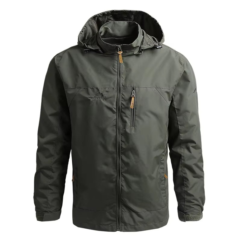 Men's tactical waterproof windbreaker jacket with hood, lightweight weather-ready outdoor sports climbing coat