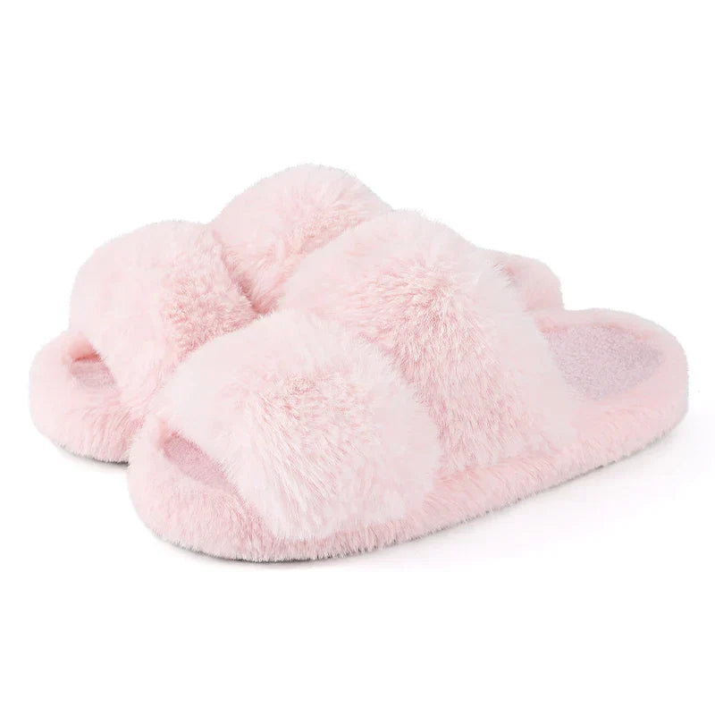 Women's cozy faux fur slide slippers in plush neutral tones with open-toe slip-on design