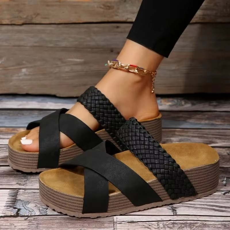 Women's brown open-toe platform slip-on sandals with cushioned sole, available up to size 12