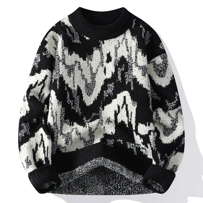 Women's black and white abstract textured knit sweater crew neck bold patterned mid-weight pullover
