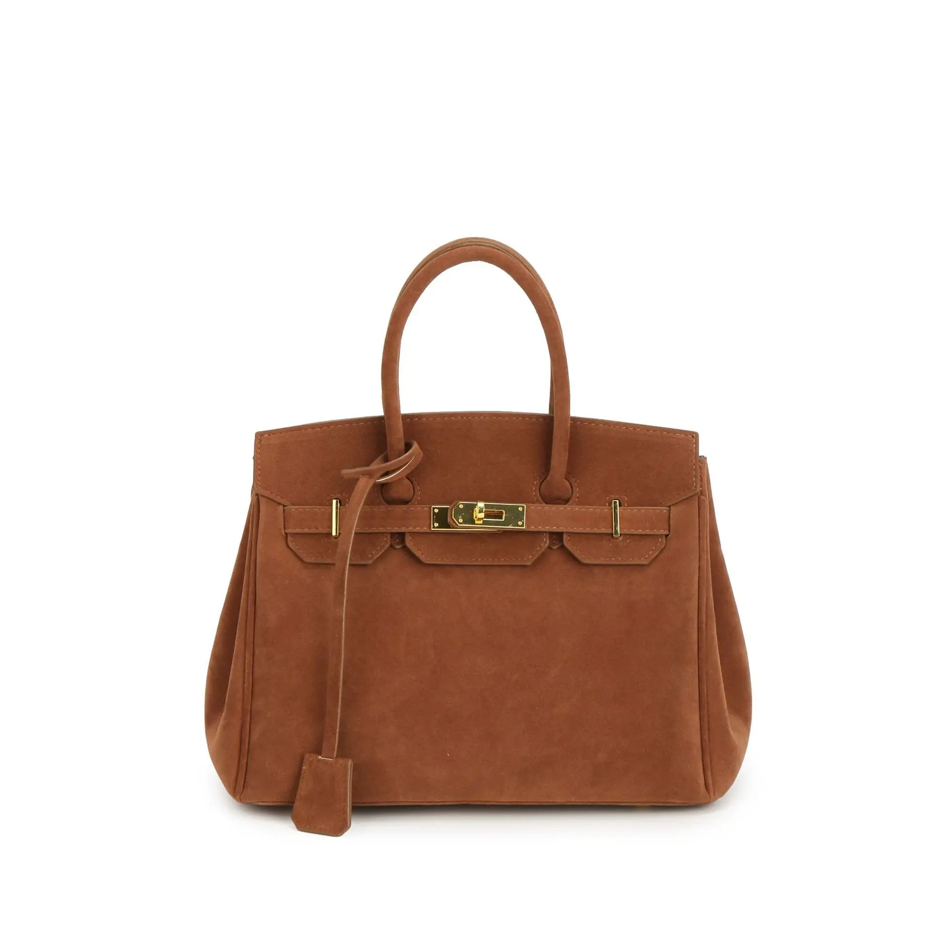 Kelly structured suede shoulder bag with gold hardware, timeless vintage-inspired luxury design