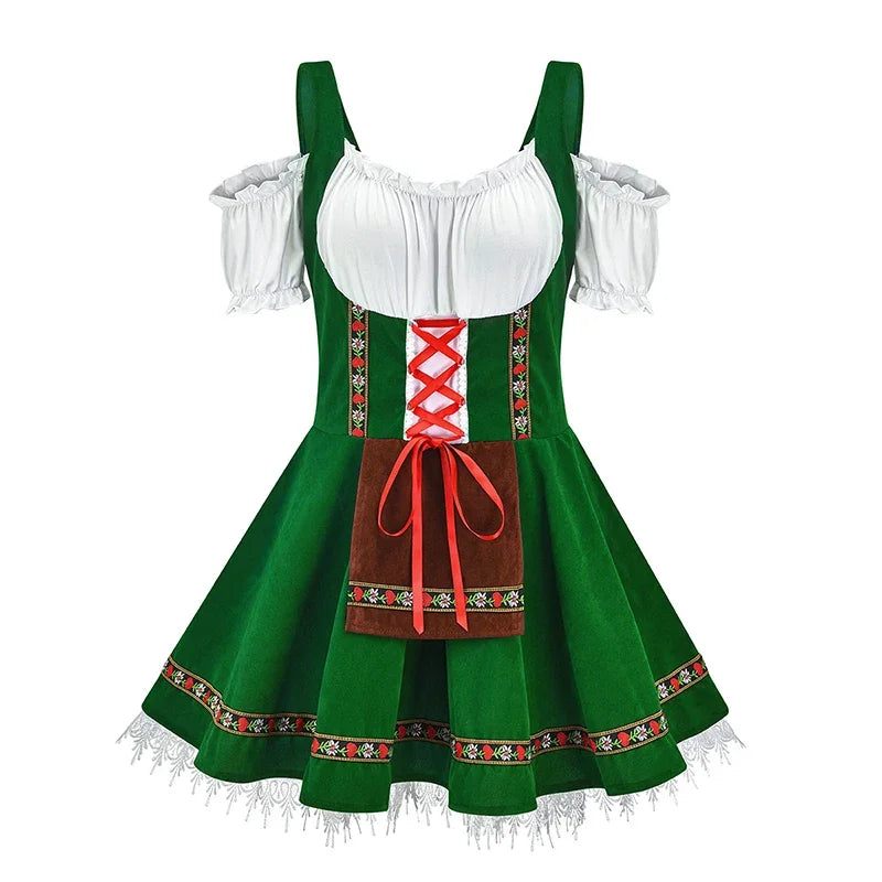 Women's Bavarian dirndl dress with lace-up corset bodice, puffed sleeve blouse, festival-ready ensemble