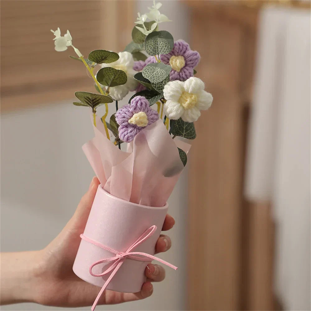 Handcrafted knitted flower bouquet plush ultra-soft whimsical home decor accent maintenance-free blooms