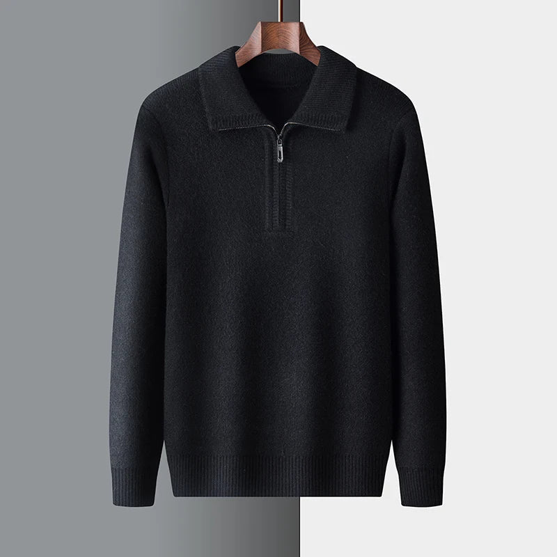 Men's minimalist half-zip knit sweater with stand collar, versatile layering essential for smart-casual style