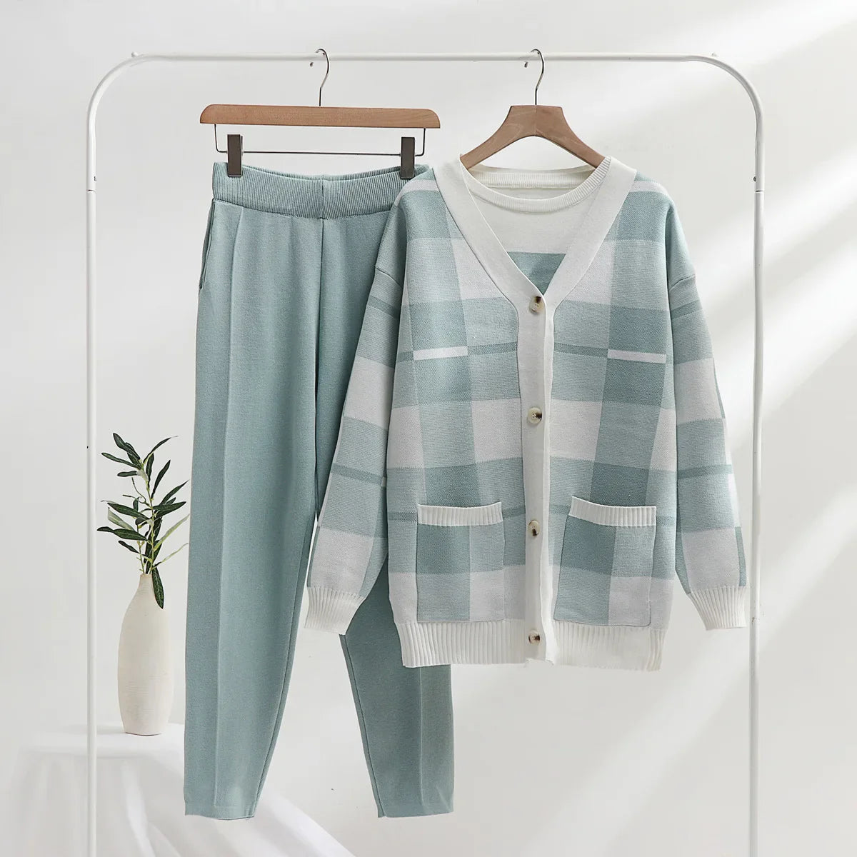 Women's plaid soft knit 3-piece lounge set cardigan tank top pants coordinated comfortable chic