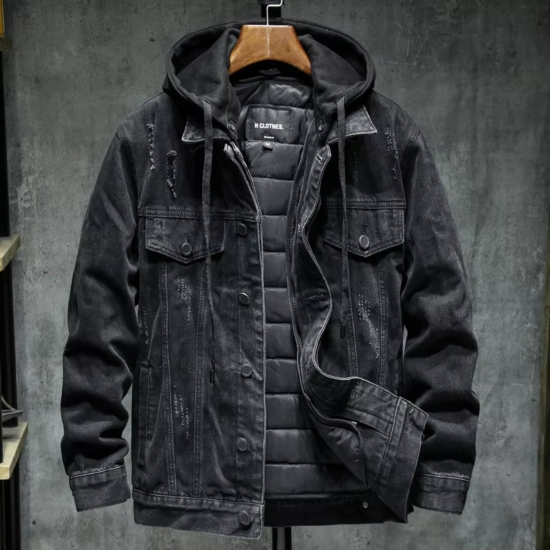 Men's black hooded denim jacket thick fleece-lined plus size winter outerwear up to 5XL