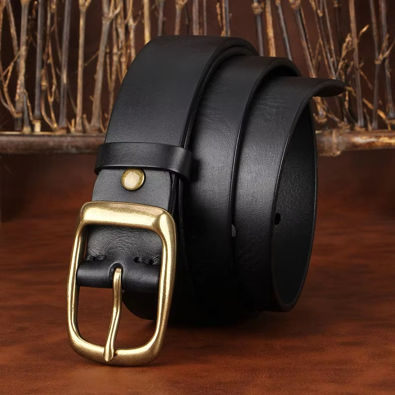 Men's genuine leather belt solid brass pin buckle full-grain cowhide casual dress versatile brown