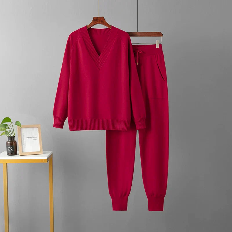 Women's beige two-piece casual lounge set with coordinated top and wide-leg pants for everyday wear
