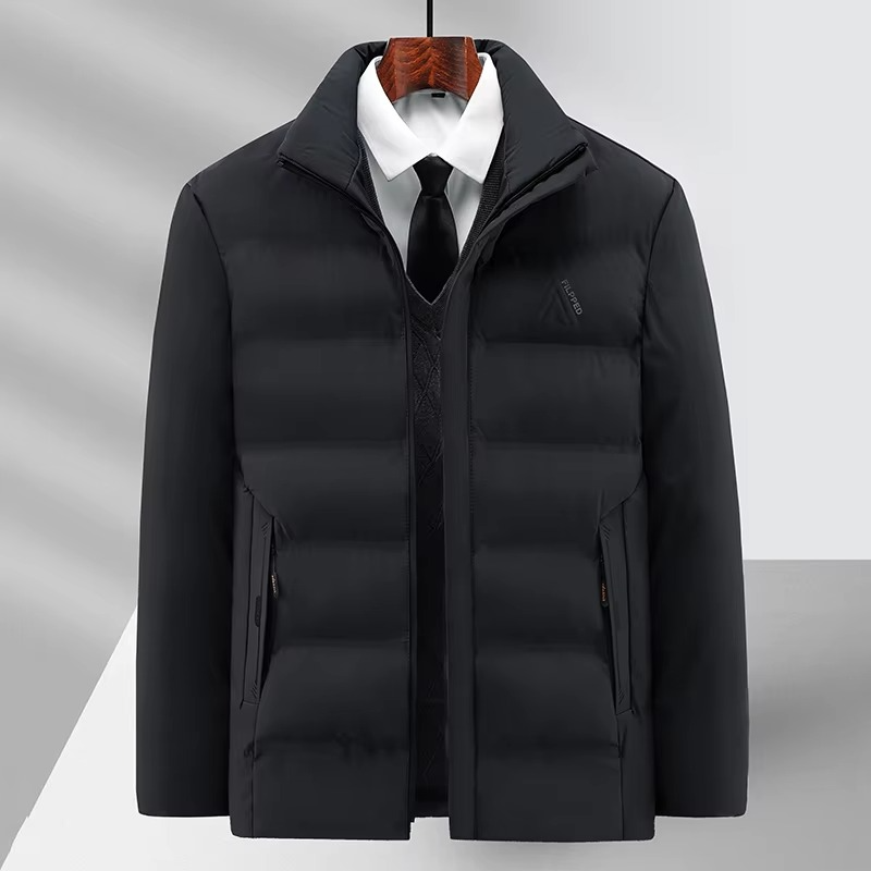 Men's slim-fit luxury fleece winter coat in neutral tone, polished office-to-weekend professional style