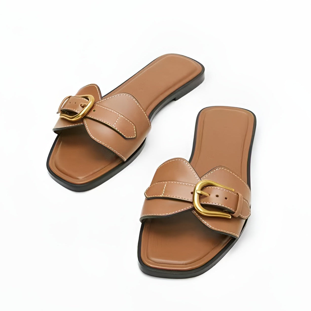 Black full-grain leather open-toe slip-on sandals with bold gold-plated buckle, everyday luxury women