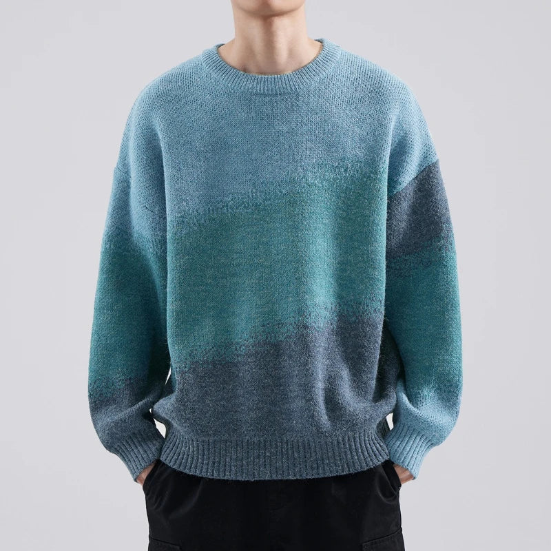 Gradient crewneck knit sweater unisex relaxed fit with soft tonal fade texture for everyday style