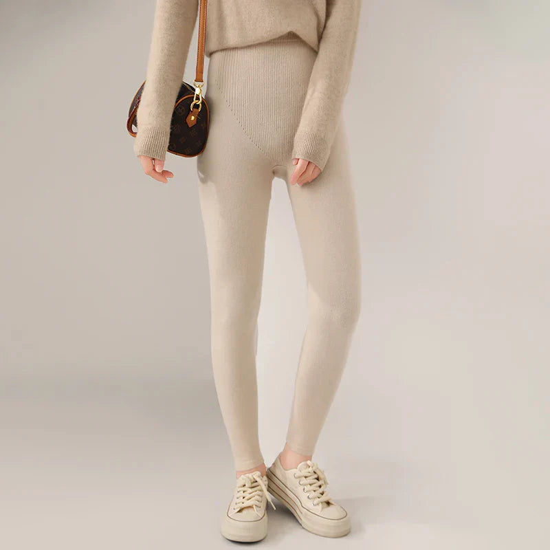 Women's gray cashmere knit leggings high waist slim fit ultra-soft breathable luxury knitwear