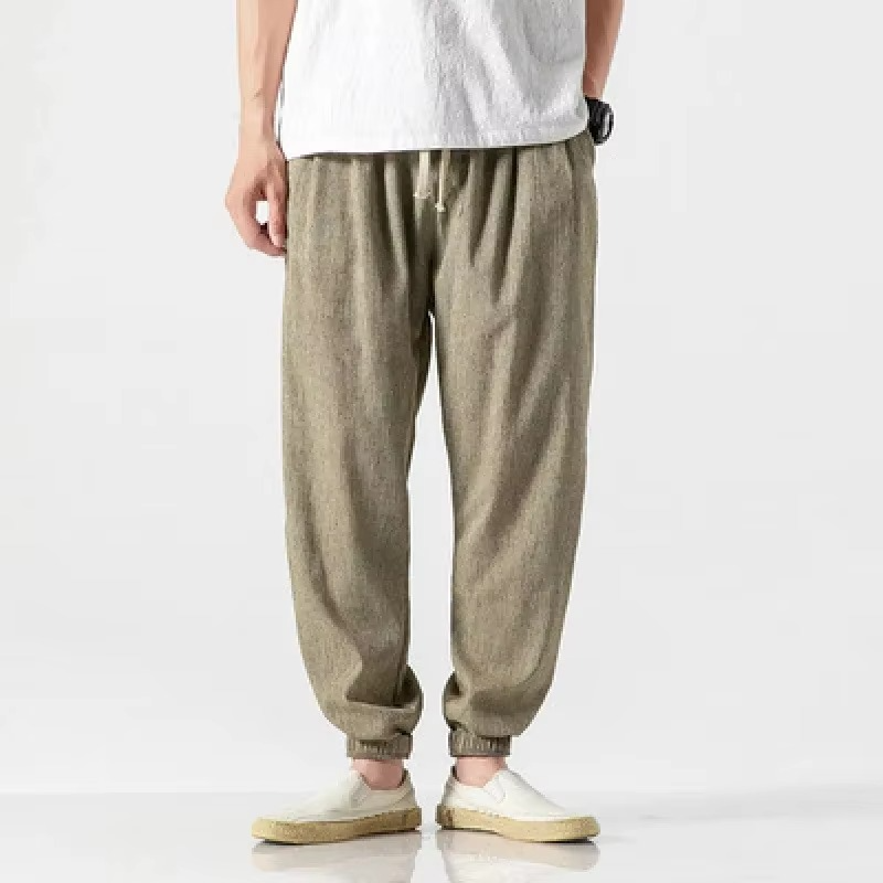 Men's cotton linen relaxed fit harem pants with cuffed ankles in casual minimalist style
