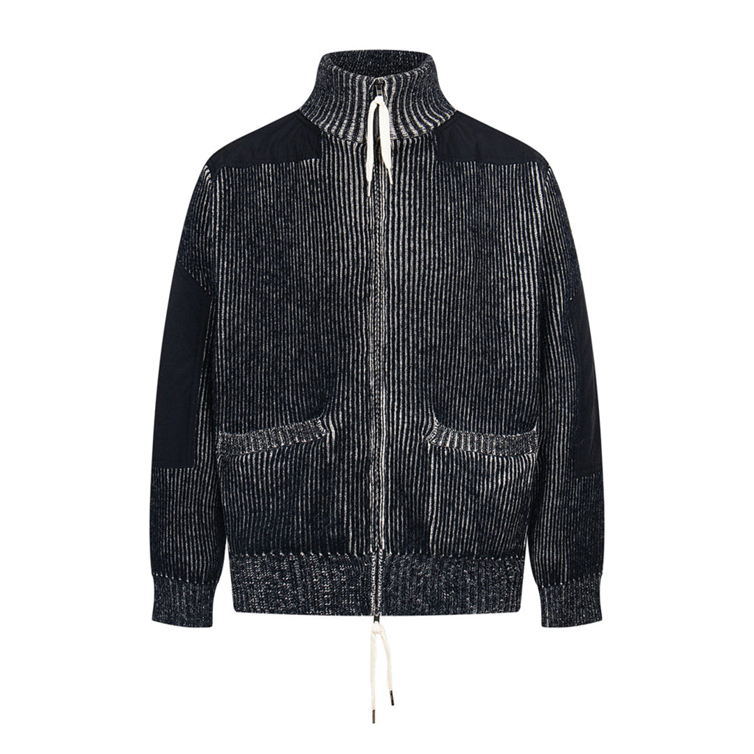 Wool blend ribbed zipper sweater with mock neck stand collar, textured knit contemporary style