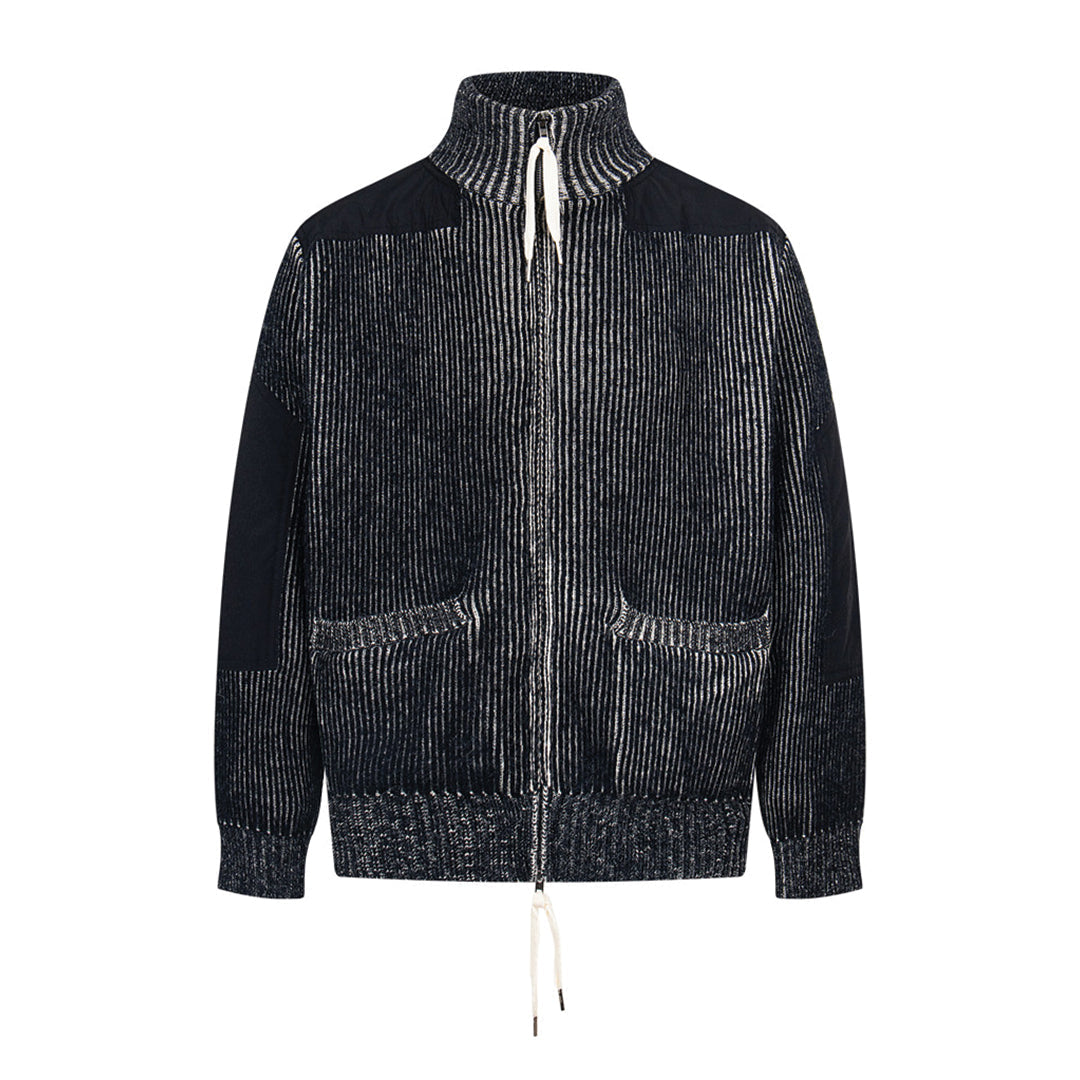Wool blend ribbed zipper sweater with mock neck stand collar, textured knit contemporary style