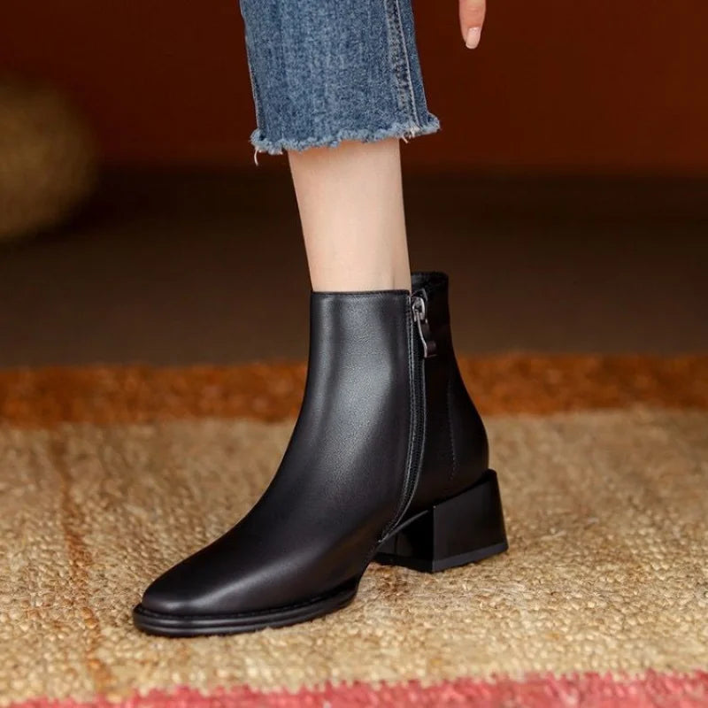 Women black chunky heel ankle boots pointed toe zipper closure office-to-weekend style