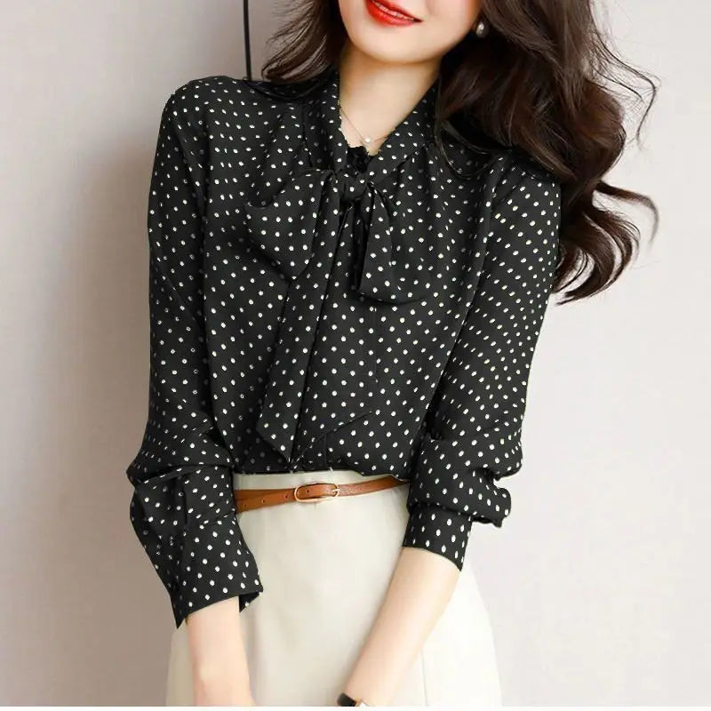 Women's lightweight blouse shawl collar bow accent elegant everyday wear breathable feminine top