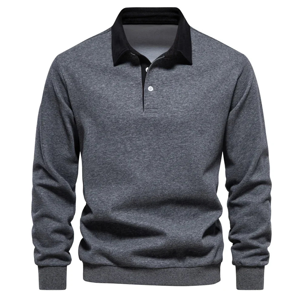 Navy cotton knit polo pullover with contrast white collar, structured smart-casual fit for men