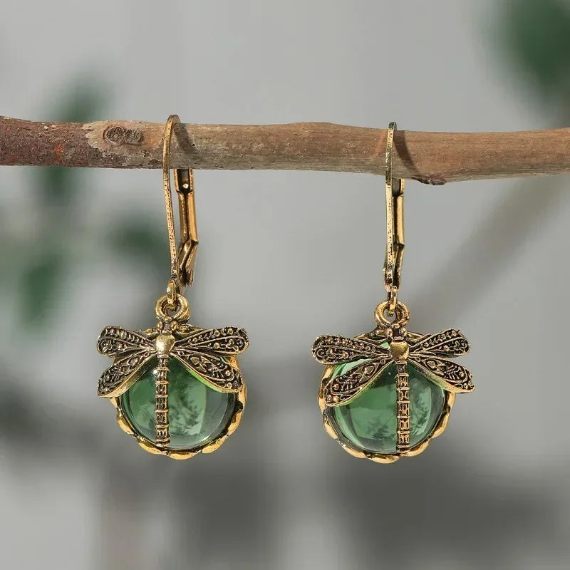 Dragonfly antique earrings brass wings pale blue crystal cabochon vintage carved gold-tone lightweight jewelry