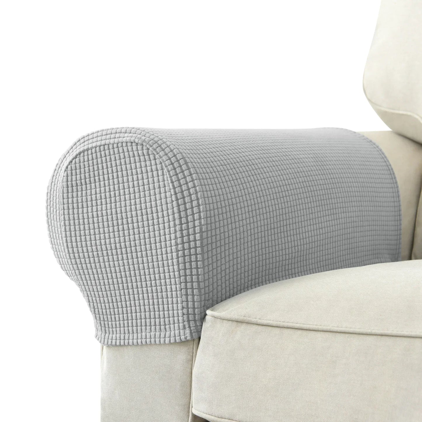 Gray textured stretch armrest cover for sofas, waterproof quilted polyester modern living room protector