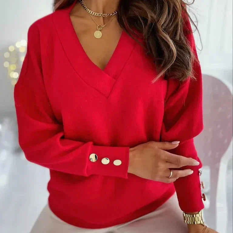 Elegant women's V-neck knit jumper flattering tailored fit sustainable style versatile wardrobe staple