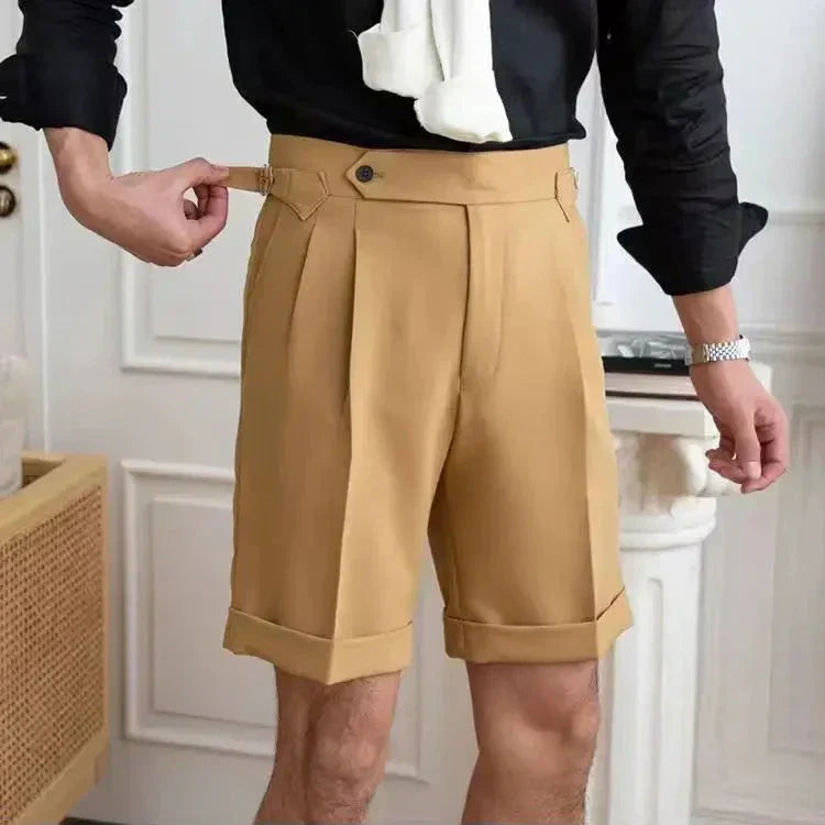 Men's cotton knee-length shorts pleated front cuffed hem slim classic tailored fit casual semi-formal