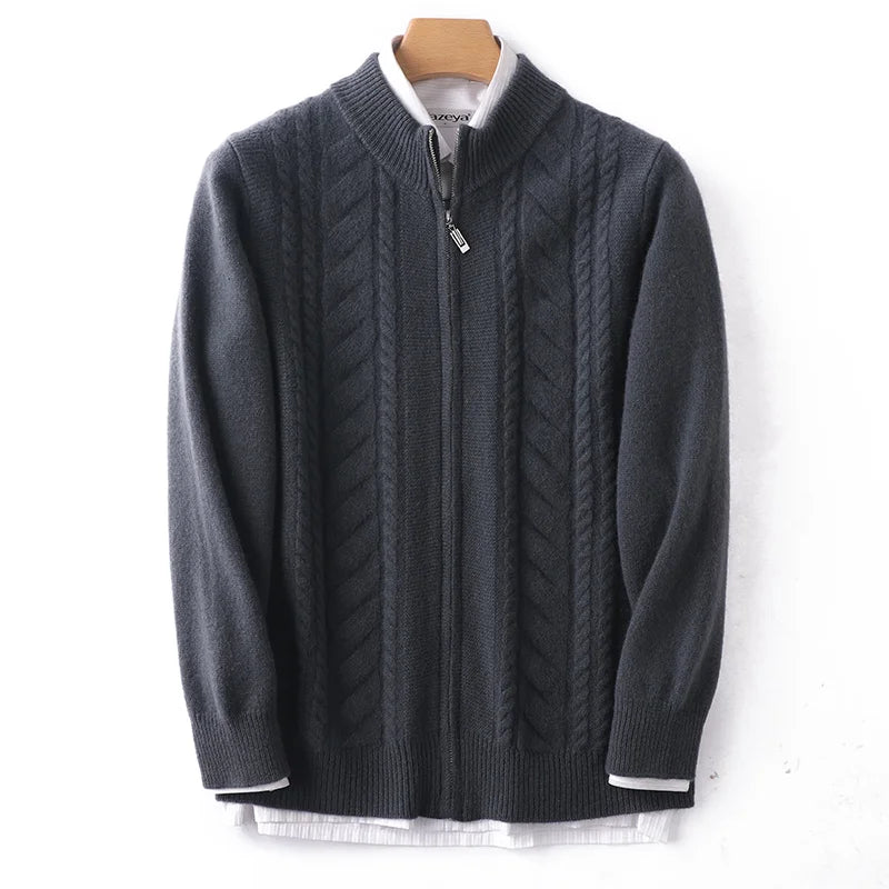 Unisex mock neck zip cashmere wool knit sweater, cozy cold weather layer with polished silhouette