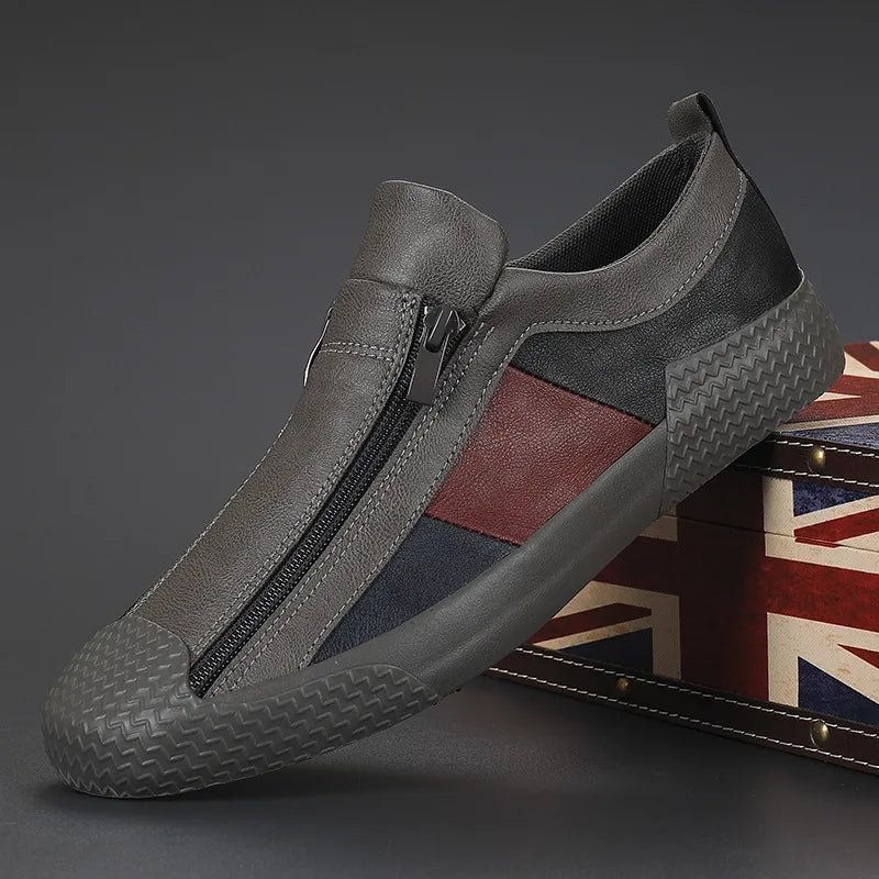 Men's color block slip-on sneakers with side zipper, laceless casual style for everyday comfort