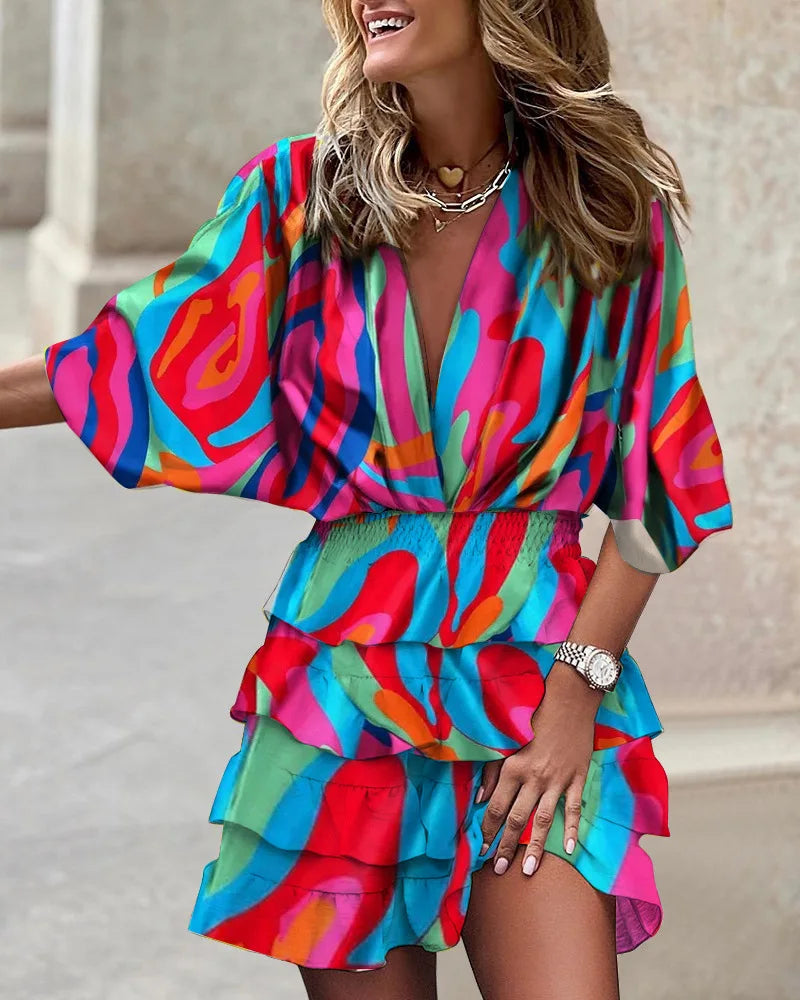Luna | Women's Printed Ruffle Mini Dress V-Neck Smocked Waist Boho Dress