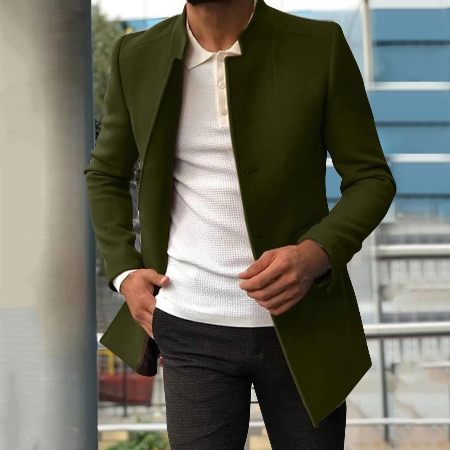 Men's slim fit long structured open front coat in smart casual style for versatile everyday daywear