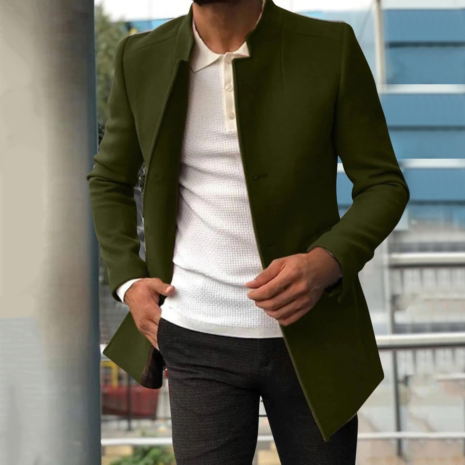 Men's slim fit long structured open front coat in smart casual style for versatile everyday daywear
