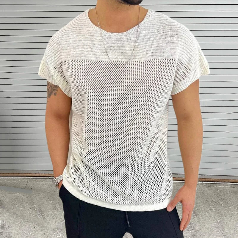 Men's breathable mesh-knit tee O-neck relaxed fit lightweight streetwear summer shirt