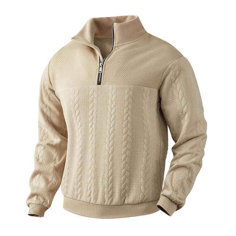 Men's cable knit quarter-zip sweater with ribbed cuffs, patterned texture, regular fit, hip length