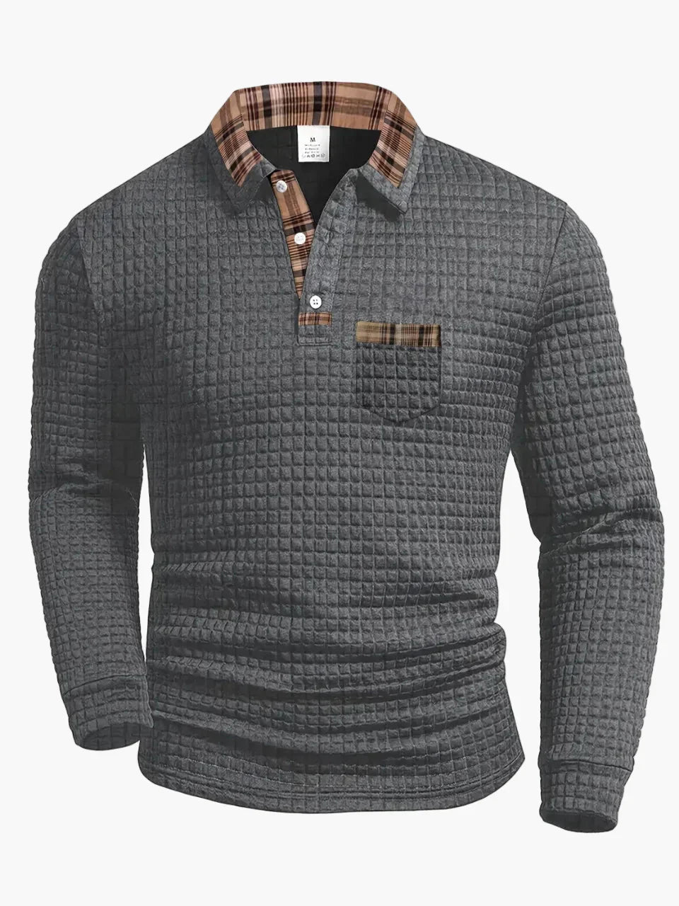 Men's navy waffle knit long sleeve polo shirt with check collar detail for office wear