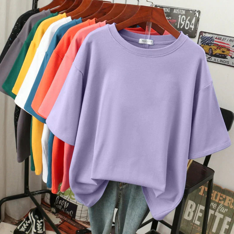 Women's plus size oversized crew neck cotton T-shirt with dropped shoulders in relaxed fit