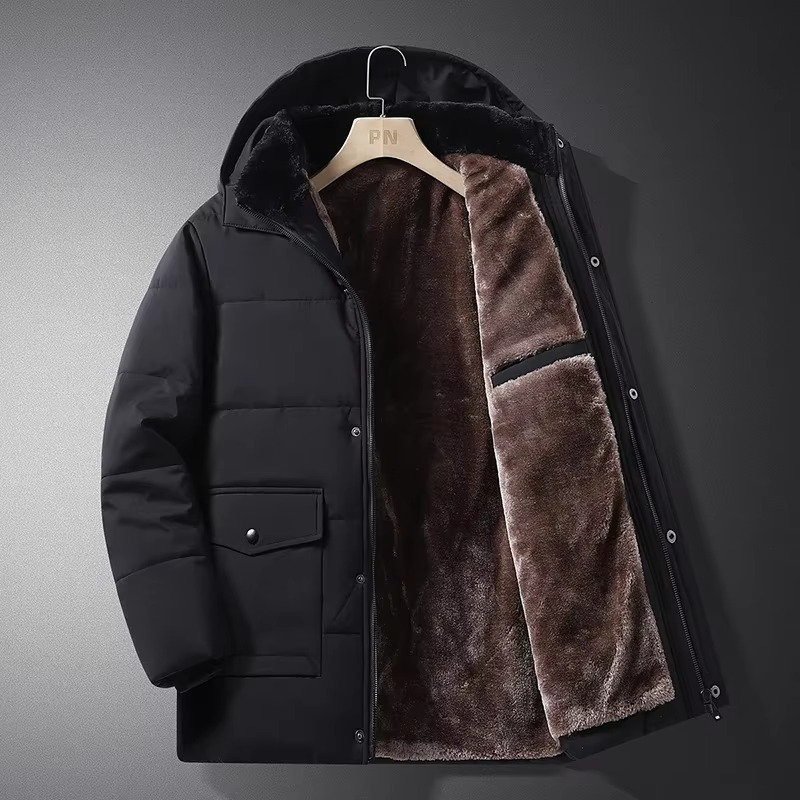 Men's thick fleece winter parka with hood, insulated quilted liner, dark colorway, relaxed fit
