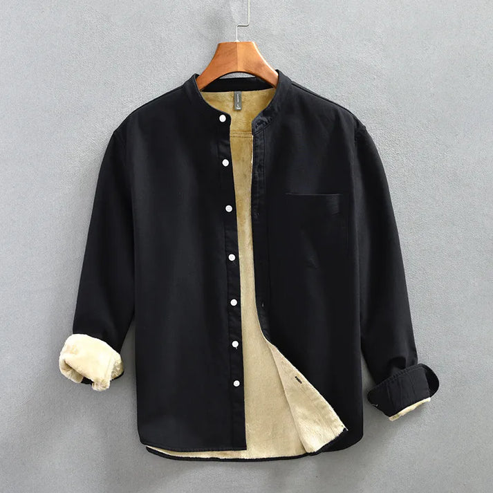 Men's cotton casual shirt with plush velvet lining, relaxed fit, smart-casual button-front style
