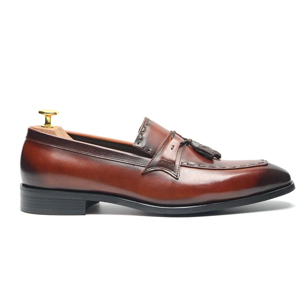 Men's brown penny loafers rich patina cowhide leather breathable lined insole durable rubber sole