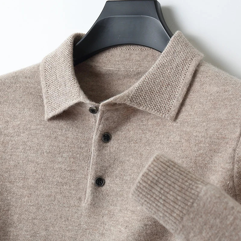 Men's ivory merino wool polo shirt classic collar lightweight breathable TrueWool 100% pure knit