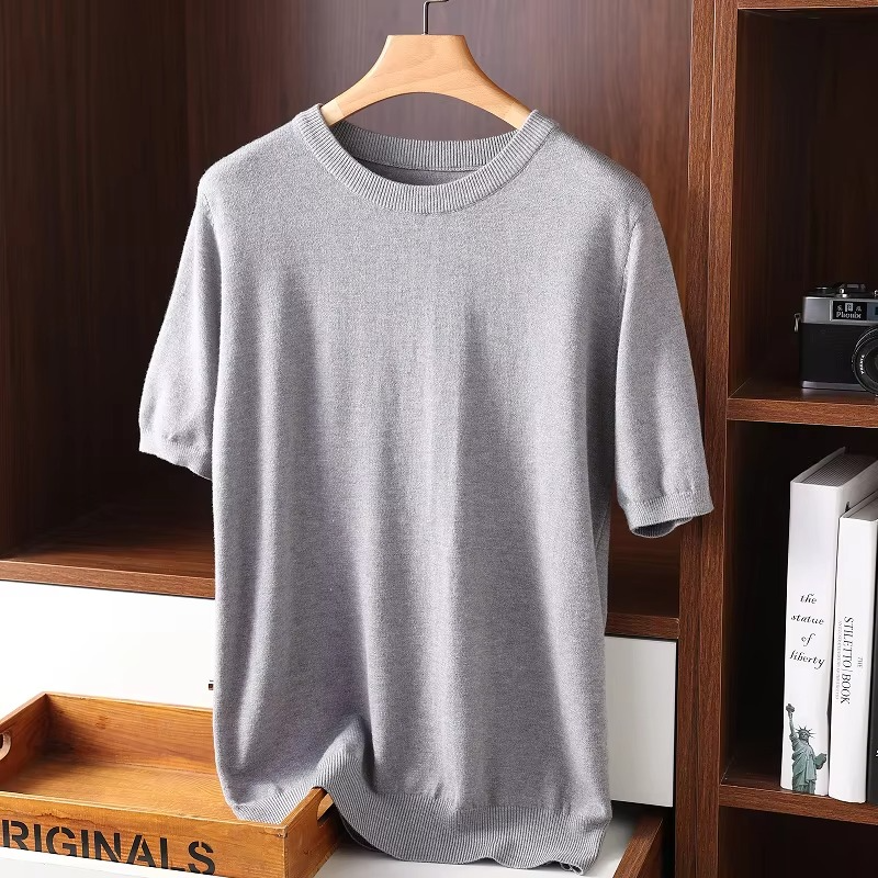 Men's ivory cashmere short sleeve O-neck sweater, lightweight fine-knit luxury pullover with clean minimalist silhouette