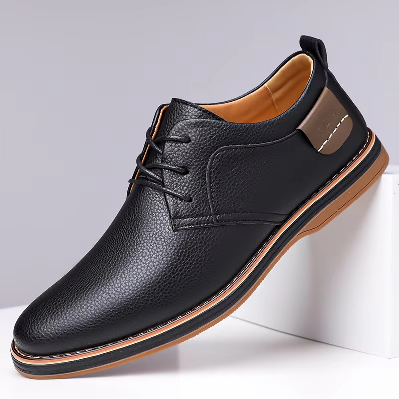 Men's brown pebble leather derby shoes sleek casual silhouette cushioned insole work-to-evening style