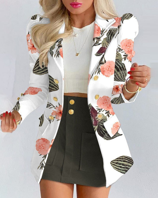Women's tailored floral print blazer and skirt co-ord set, polished structured silhouette for work