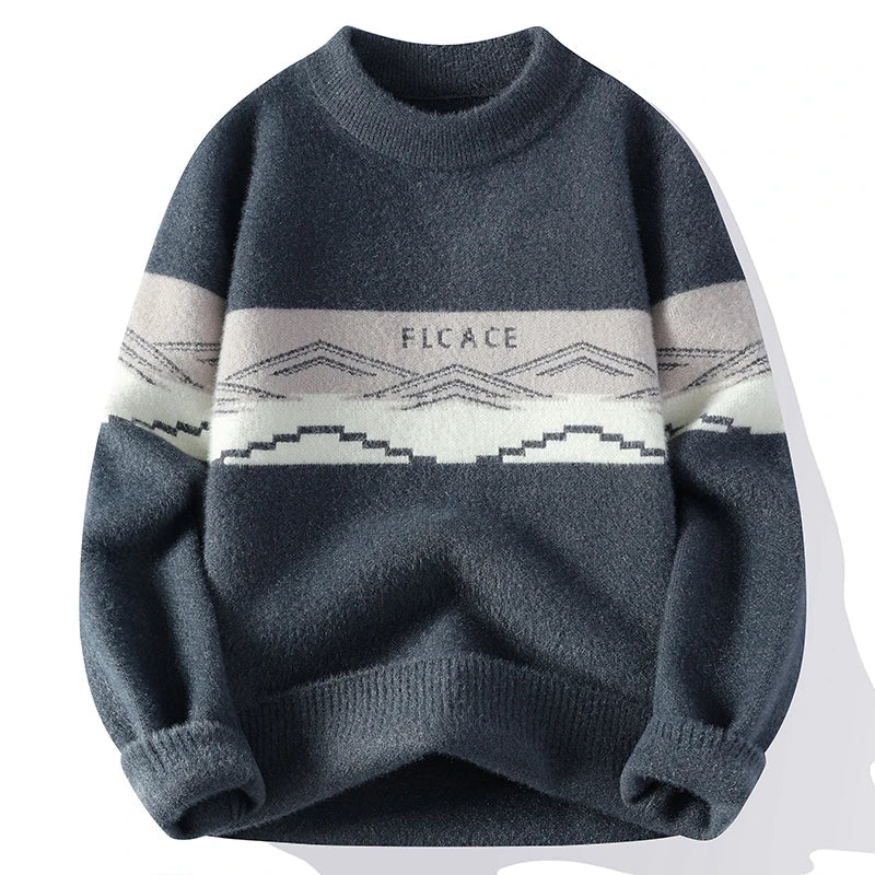 Cream unisex Nordic knit sweater with geometric stripe pattern, cozy relaxed fit for winter