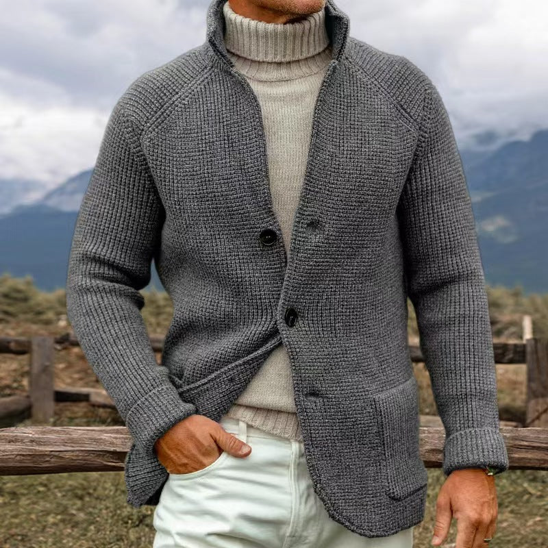 Men's chunky knit cardigan button-front cream winter sweater with thick textured weave