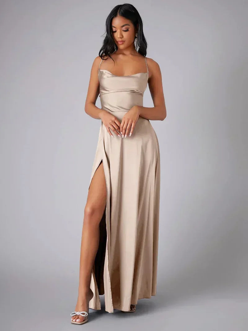 Elegant long satin evening dress with draped neckline and delicate spaghetti straps for women