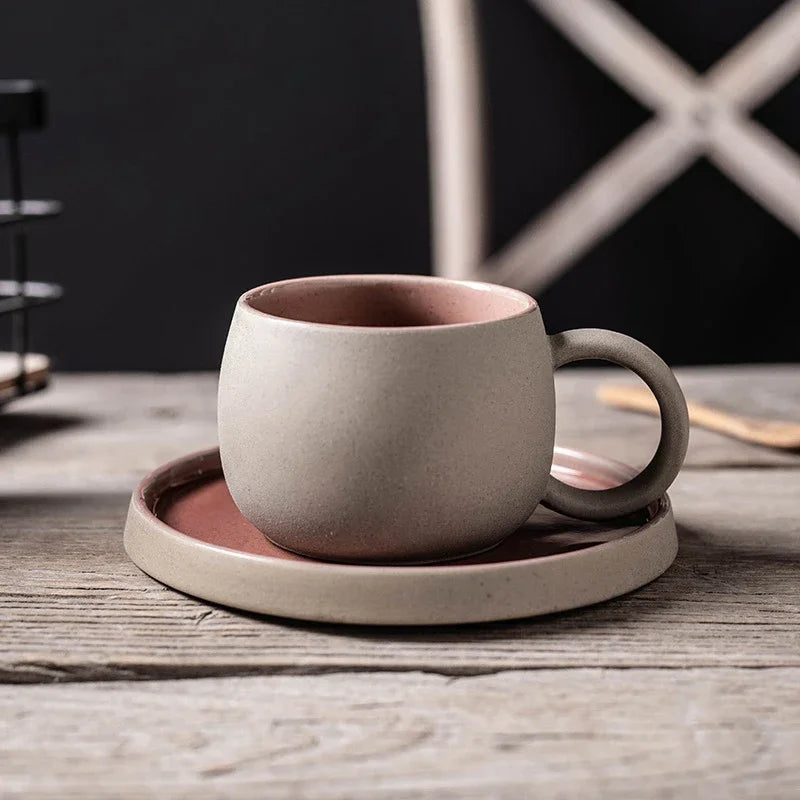 Terra ceramic stone coffee cups with saucer, matte textured finish, ergonomic handle, 300ml