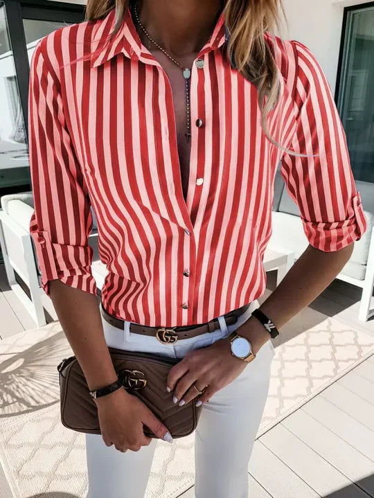 Carina women's nautical striped blouse, navy blue coastal-inspired top with crisp maritime pattern