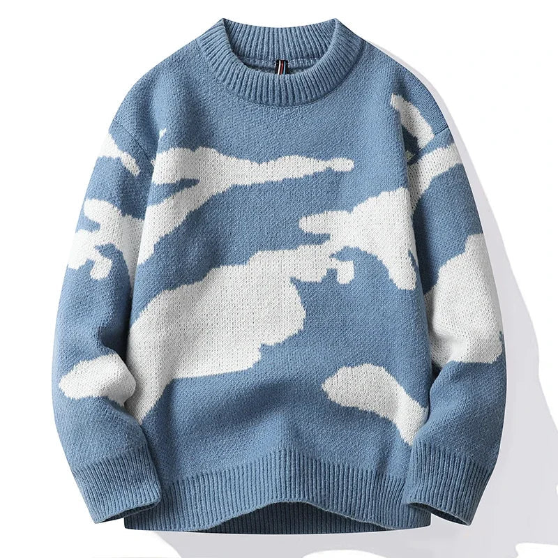 Men's abstract pattern knit sweater midweight textured casual pullover with artful design
