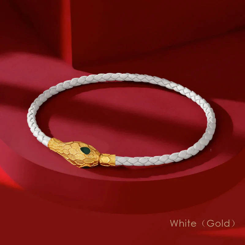 Bold handwoven leather bracelet with gold serpent clasp, unisex braided design by Urbann-Vibe
