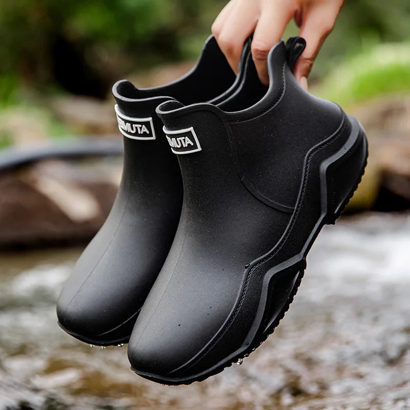 Women's waterproof slip-on outdoor boots in neutral tones, easy pull-on style for wet trails
